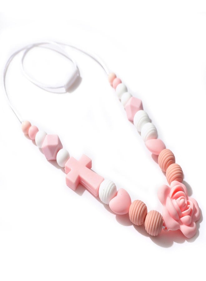 Jissoo Pink Rose Cross Silicone Nursing Necklace - Breastfeeding Supplies, Baptism Party Decorations, Newborn Sensory Necklaces - Image 1